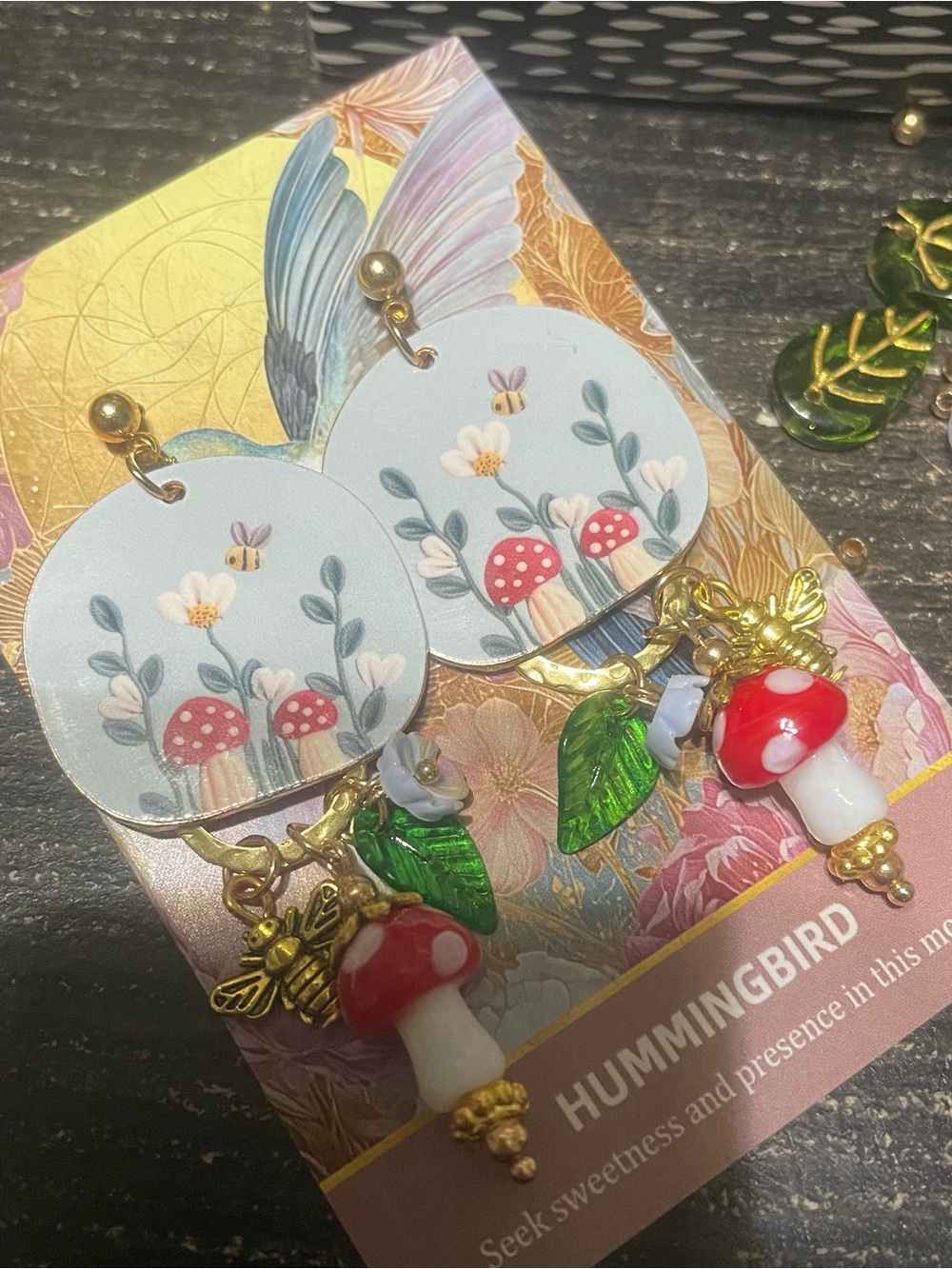 Whimsical Mushroom & Bee Drop Earrings - Red, White, Gold - Picture 4 of 6